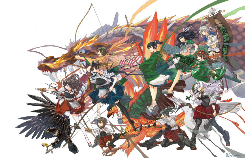 6+girls akagi_(kancolle) amagi_(kancolle) apron armor arrow_(projectile) bird black_hair bow braid breastplate brown_hair crane_(animal) dragon geta green_kimono grey_hair hakama hakama_skirt hawk highres hiryuu_(kancolle) japanese_clothes kaga_(kancolle) kantai_collection katsuragi_(kancolle) kimono long_hair multiple_girls muneate phoenix ponytail shin_guards short_hair shoukaku_(kancolle) simple_background single_braid skirt souryuu_(kancolle) taihou_(kancolle) thighhighs tora_jun twitter_username unryuu_(kancolle) white_background white_hair zuikaku_(kancolle)