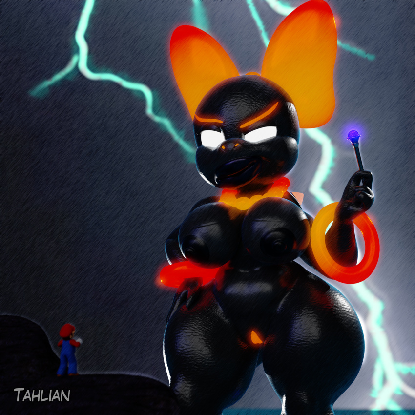 2021 3d_(artwork) accessory anthro areola artist_name big_areola big_breasts black_body black_scales blender_(software) bowser's_fury breasts curvaceous curvy_figure detailed_background digital_media_(artwork) duo female genitals glowing glowing_genitalia glowing_pussy hair_accessory hair_bow hair_ribbon hand_on_hip hi_res hourglass_figure human jewelry koopa koopaling lightning lips macro male mammal mario mario_bros micro necklace nintendo nipples nude outside pussy raining reptile ribbons scales scalie size_difference smile tahlian thick_thighs video_games voluptuous wand watermark wendy_o._koopa white_eyes wide_hips