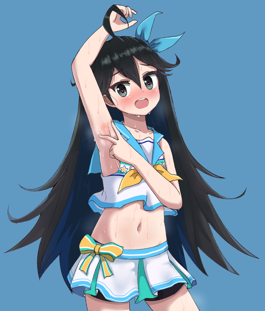 ahoge arezea arm_up armpits black_hair black_shorts blush cheerleader collarbone counter:side hair_between_eyes heart heart-shaped_pupils highres long_hair navel open_mouth shorts sky_layfield spread_armpit star_(symbol) sweat symbol-shaped_pupils