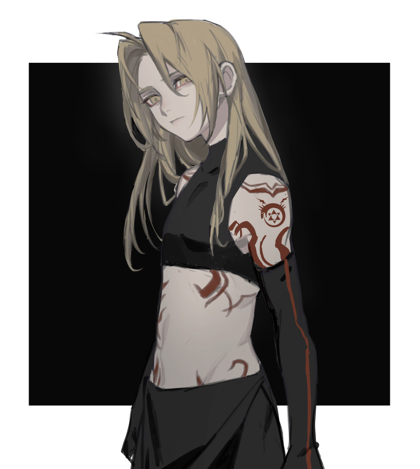 1boy absurdres ahoge arms_at_sides bangs black_background blonde_hair cbow closed_mouth edward_elric elbow_gloves from_side frown fullmetal_alchemist gloves hair_between_eyes highres long_hair looking_at_viewer male_focus midriff ouroboros parted_bangs shoulder_tattoo sleeveless solo tattoo yellow_eyes