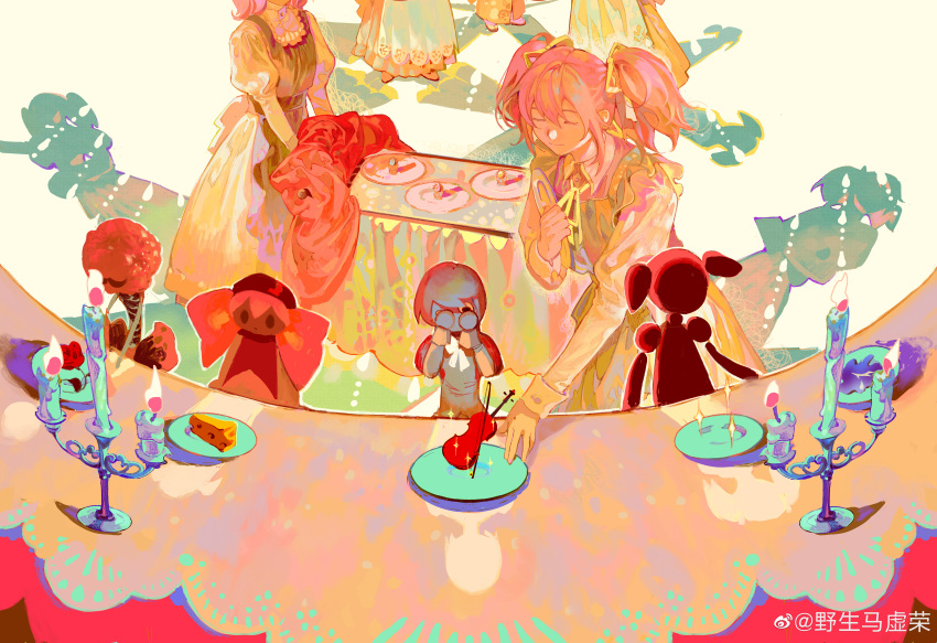 3girls absurdres apron bangs candle candlestand character_doll charlotte_(madoka_magica) cheese chinese_commentary closed_eyes commentary_request dress food hair_ribbon head_out_of_frame highres holding holding_plate ink_(303682546) instrument kaname_madoka mahou_shoujo_madoka_magica miki_sayaka multiple_girls neck_ribbon out_of_frame pink_hair plate ribbon shadow short_hair short_twintails sitting smile sparkle standing surreal table tablecloth twintails violin weibo_logo weibo_username white_dress