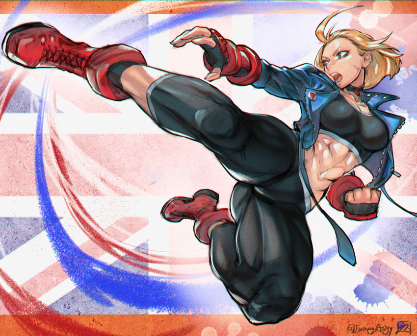 1girl abs absurdres ahoge artist_name ass black_legwear blonde_hair blue_jacket bob_cut boots breasts cammy_white choker collarbone crop_top cropped_jacket fingerless_gloves full_body gloves highres jacket kicking kyuuakaku long_sleeves medium_breasts muscular muscular_female open_clothes open_jacket pants red_footwear scar short_hair solo street_fighter street_fighter_6 studded_jacket tight tight_pants union_jack