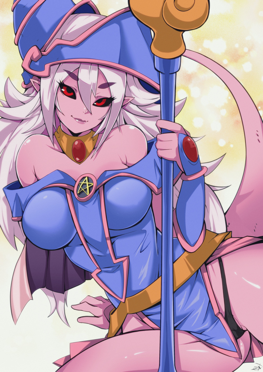 2022 absurd_res alien alien_humanoid bare_shoulders breasts clothing cosplay crossover crossover_cosplay dark_magician_girl delux dragon_ball dragon_ball_fighterz duel_monster female fingers hair hi_res humanoid humanoid_pointy_ears long_hair looking_at_viewer majin majin_android_21 not_furry pink_body pink_skin red_eyes smile solo white_hair yugioh