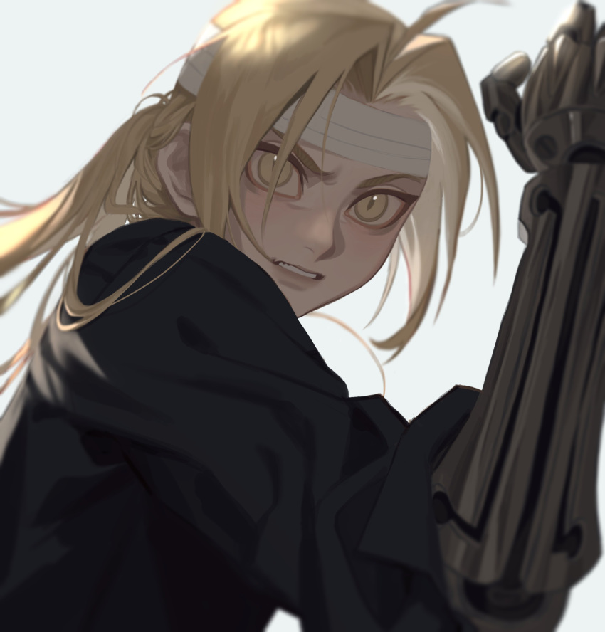 1boy absurdres angry automail bandaged_head bandages bangs black_shirt blonde_hair cbow edward_elric floating_hair fullmetal_alchemist furrowed_brow grey_background hand_up highres injury long_hair long_sleeves looking_afar looking_to_the_side male_focus mechanical_arms parted_bangs parted_lips ponytail shirt simple_background single_mechanical_arm solo upper_body yellow_eyes