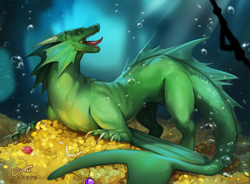 ambiguous_gender claws coin dragon dragonfu feral gold_(metal) gold_coin green_body green_scales open_mouth scales solo teeth tongue underwater water wingless_dragon