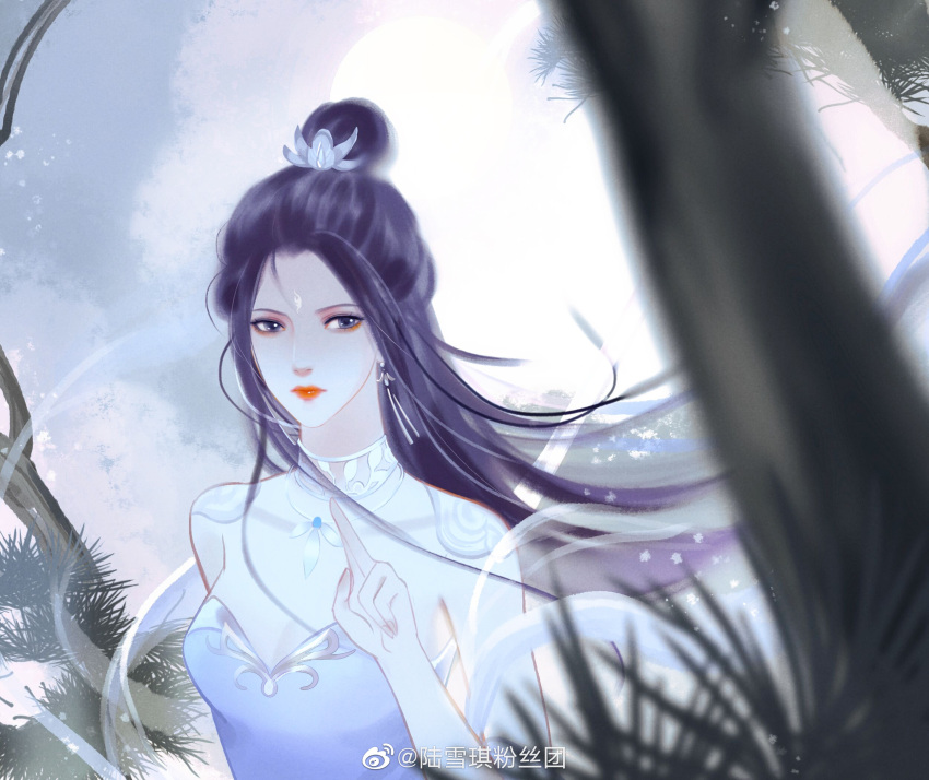 1girl black_hair blue_eyes circle closed_mouth dark earrings expressionless facial_mark fern forehead_mark grass hair_bun highres index_fingers_together jewelry long_hair lu_xueqi_(zhu_xian) lu_xueqi_tongren_ye tree white_background zhu_xian