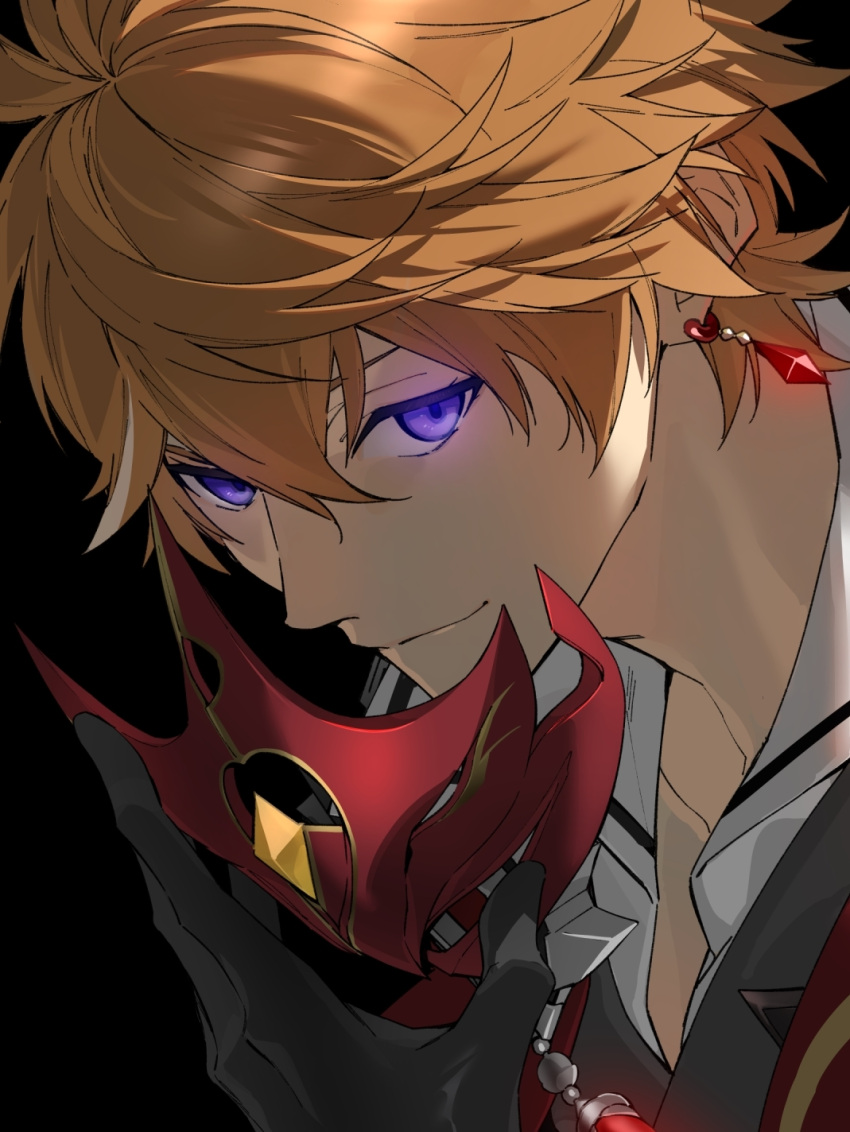 1boy bangs black_background black_gloves earrings genshin_impact gloves hair_between_eyes highres holding holding_mask jacket jewelry looking_at_viewer male_focus mask orange_hair portrait purple_eyes red_mask simple_background single_earring solo tartaglia_(genshin_impact) xia_(ryugo)