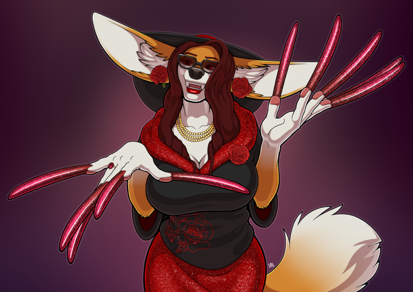 2019 anthro breasts canid canine claws cleavage clothed clothing digital_media_(artwork) eyewear female fennec fox fur hair long_claws longblueclaw mammal open_mouth portrait red_eyes simple_background solo standing sunglasses teeth three-quarter_portrait