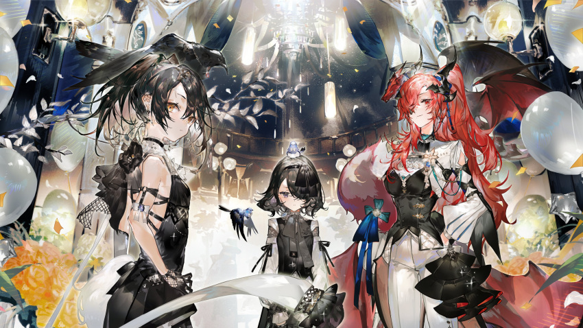 3girls absurdres alchemy_stars alternate_costume animal_on_head animal_on_shoulder arm_strap balloon bangs bird bird_on_head black_dress black_eyes black_gloves black_hair black_vest bodice breasts chandelier closed_mouth confetti crow dayna_(alchemy_stars) dragon dress earrings eyepatch flower gloves hair_over_one_eye hairband hand_in_pocket hands_on_hips hanging_light highres horns indoors jewelry leona_(alchemy_stars) long_hair long_sleeves looking_at_viewer medium_breasts multiple_girls on_head pants ponytail red_eyes red_hair robyn_(alchemy_stars) shirt short_hair sleeveless sleeveless_dress small_breasts smile sunstone_(alchemy_stars) tokino_kito vest wall_lamp white_pants white_shirt yellow_eyes