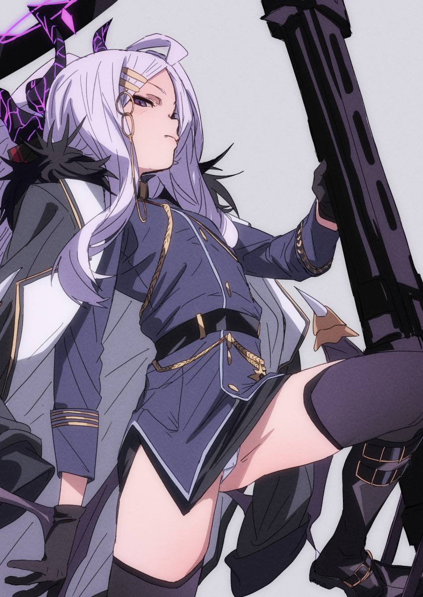 1girl ahoge ass_visible_through_thighs black_footwear black_gloves black_legwear black_skirt blue_archive boots breasts coat coat_on_shoulders commentary_request demon_horns fang from_below from_side fu-ta gloves gun halo highres hina_(blue_archive) horns knee_boots leg_up light_blush long_hair looking_at_viewer machine_gun mg42 military military_uniform miniskirt panties pantyhose pencil_skirt purple_eyes side_slit skirt small_breasts solo thighhighs thighs underwear uniform weapon white_hair white_panties