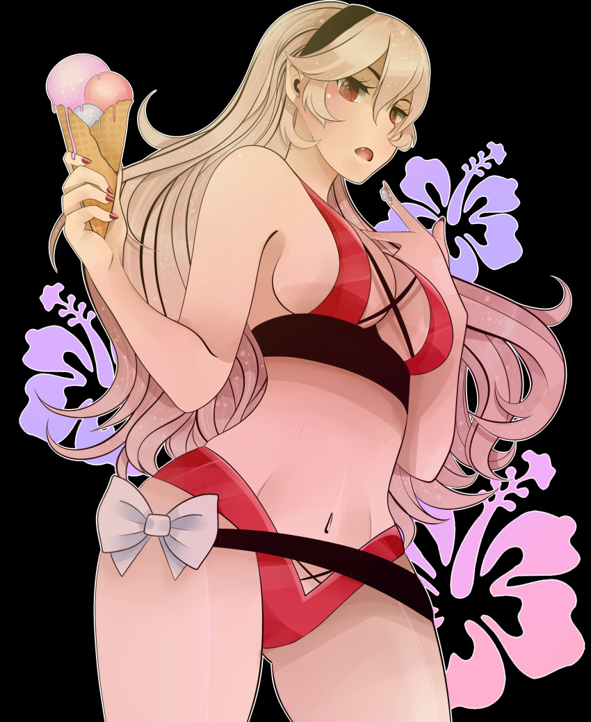 1girl absurdres alternate_costume bangs corrin_(fire_emblem) corrin_(fire_emblem)_(female) fire_emblem fire_emblem_fates food hairband highres ice_cream kyhsoren long_hair looking_at_viewer nail_polish red_eyes red_nails solo swimsuit upper_body white_hair