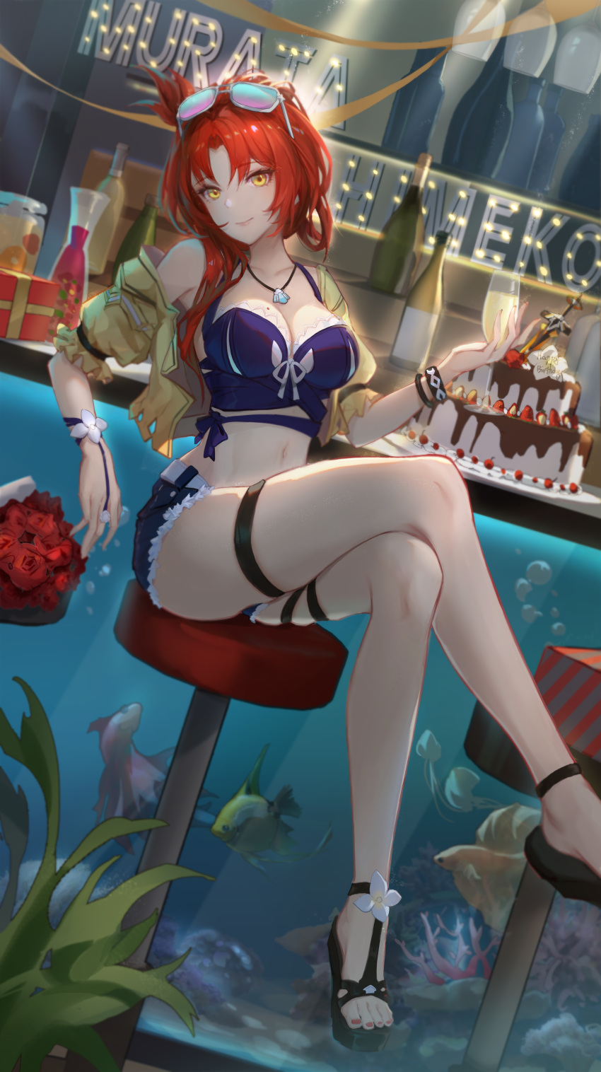 1girl absurdres alcohol bar_stool blue_shorts bottle breasts cake champagne character_name cleavage closed_mouth crossed_legs cup denim denim_shorts drinking_glass eyewear_on_head food full_body highres holding holding_cup honkai_(series) honkai_impact_3rd jacket jewelry looking_at_viewer mole mole_on_breast murata_himeko murata_himeko_(scarlet_fusion) nail_polish navel necklace red_hair red_nails revision sandals short_sleeves shorts sitting smile solo stool summer_uniform sunglasses taichi_(yirkorn) thighs toenail_polish toenails toes wine_bottle wine_glass yellow_eyes yellow_jacket