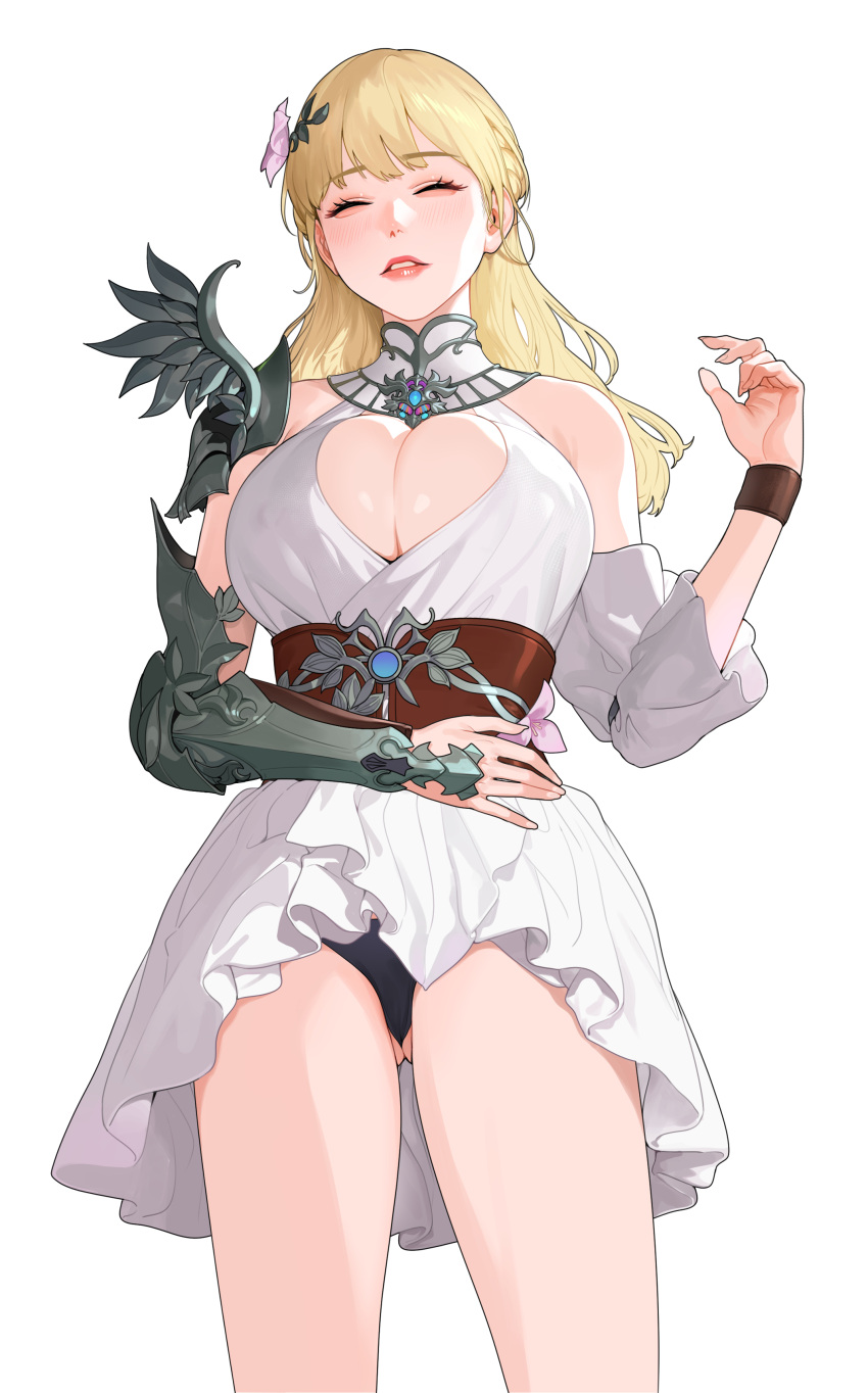 1girl absurdres armor ass_visible_through_thighs bangs bare_shoulders black_panties blonde_hair blush cleavage_cutout closed_eyes clothing_cutout cowboy_shot detached_sleeves dress flower gauntlets hair_flower hair_ornament hand_up highres lips long_hair lost_ark nineveh_(lost_ark) panties parted_lips pauldrons shoulder_armor simple_background single_gauntlet single_pauldron sohn_woohyoung solo thighs underwear white_background white_dress wristband