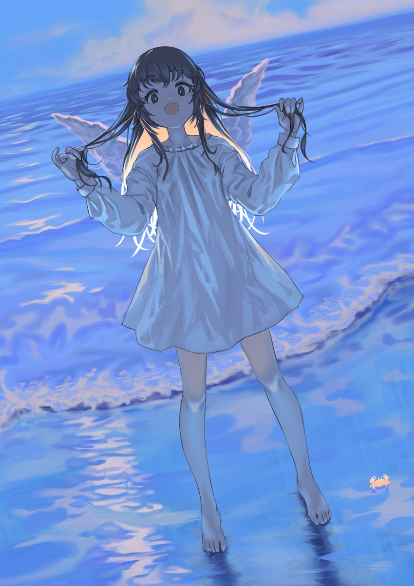 0w0_mtsm 1girl bangs barefoot black_eyes black_hair blue_sky cloud cloudy_sky crab dress eyebrows_visible_through_hair fangs full_body highres holding holding_hair long_hair long_sleeves looking_at_viewer ocean open_mouth original outdoors reflection sky solo water waves white_dress white_wings wings