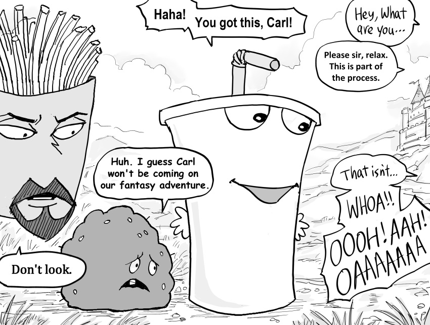 ... 3boys absurdres aqua_teen_hunger_force bb_(baalbuddy) beard bendy_straw cup drinking_straw english_commentary english_text facial_hair food french_fries frylock goatee greyscale highres master_shake meatball meatwad milkshake monochrome multiple_boys no_humans personification speech_bubble