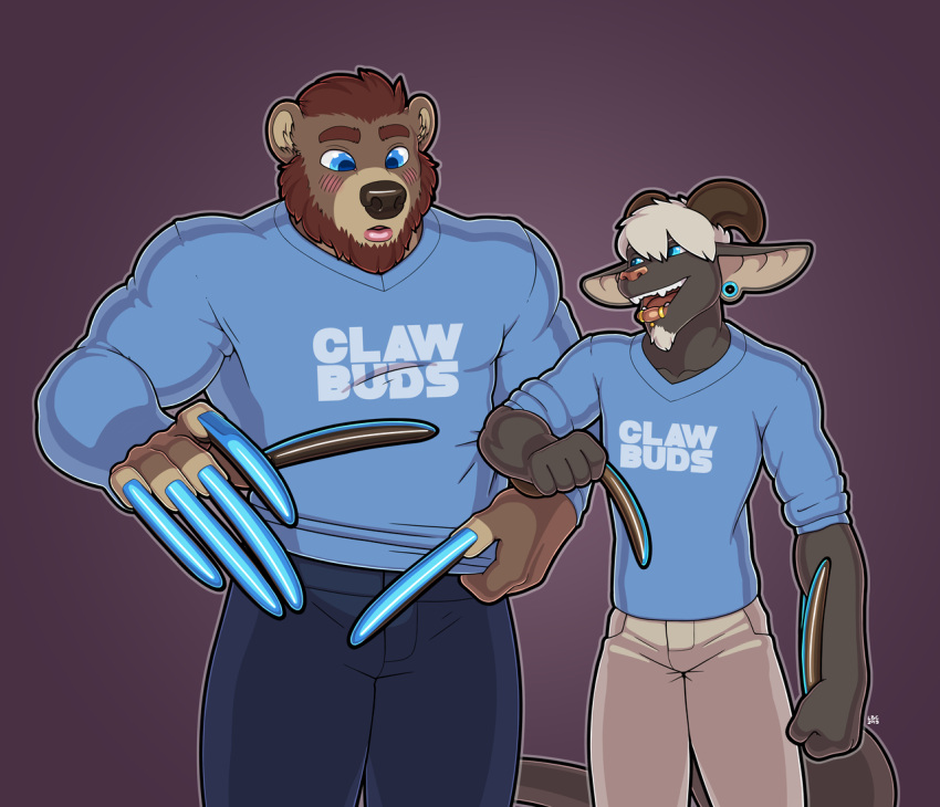 2019 5_fingers anthro black_body brown_body brown_hair claws clothed clothing digital_media_(artwork) duo fingers hair long_claws longblueclaw male mammal matching_outfits open_mouth simple_background standing teeth tongue ursid white_hair