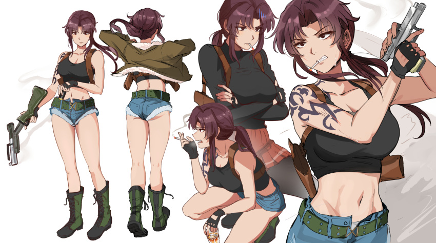 1girl absurdres arm_tattoo ass black_lagoon black_shirt breasts brown_eyes brown_hair brown_jacket cigarette crop_top denim denim_shorts gun handgun highres holding holding_gun holding_weapon jacket large_breasts long_hair long_sleeves midriff multiple_views navel ormille pantyhose pistol ponytail revy_(black_lagoon) shirt shorts tank_top tattoo weapon