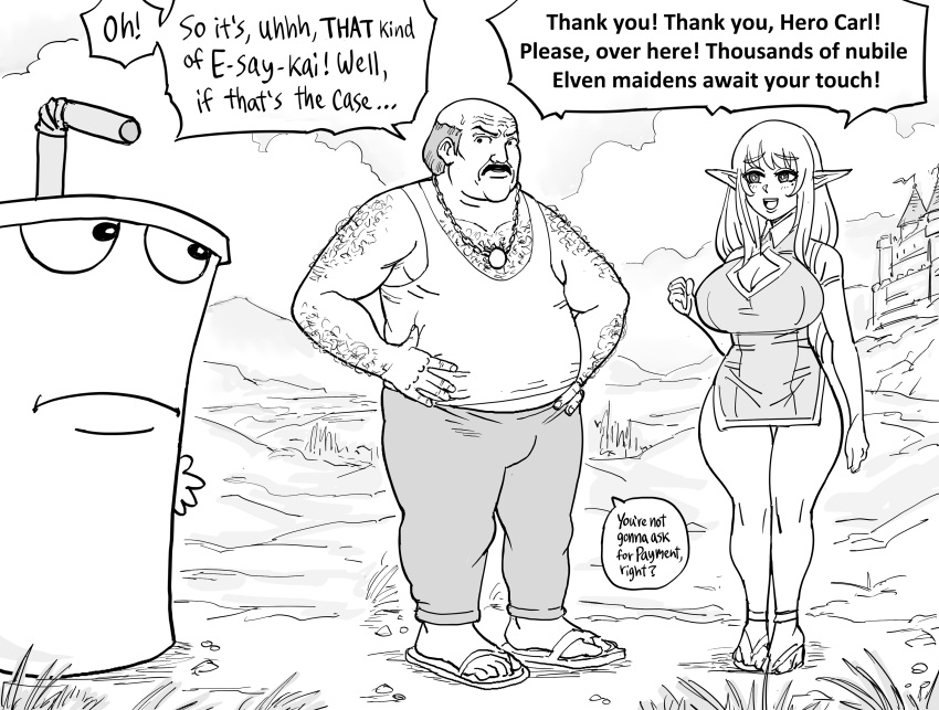 1girl 2boys absurdres aqua_teen_hunger_force balding bb_(baalbuddy) breasts carl_brutananadilewski chain_necklace elf english_commentary english_text greyscale hands_on_hips highres jewelry large_breasts master_shake mole mole_under_eye monochrome multiple_boys necklace pointy_ears revealing_clothes sandals speech_bubble tank_top