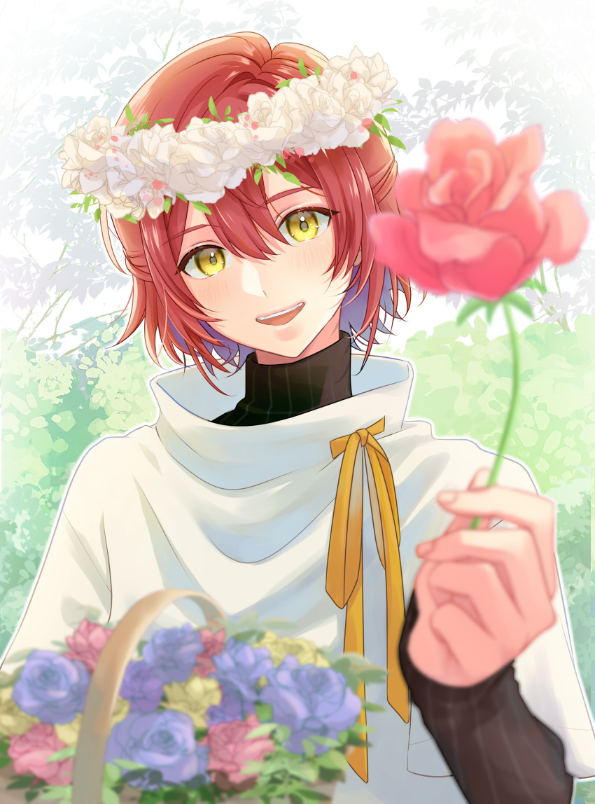 1boy :d absurdres basket black_sweater blurry bush depth_of_field flower flower_basket flower_wreath giving hair_between_eyes half_updo hanasaki_miyabi head_tilt head_wreath highres holding holding_flower holostars looking_at_viewer luma8b male_focus pink_flower pink_rose purple_flower purple_rose red_flower red_hair red_rose ribbon rose shirt short_hair smile solo sweater teeth tree turtleneck turtleneck_sweater upper_body upper_teeth virtual_youtuber white_flower white_rose white_shirt yellow_eyes yellow_flower yellow_ribbon