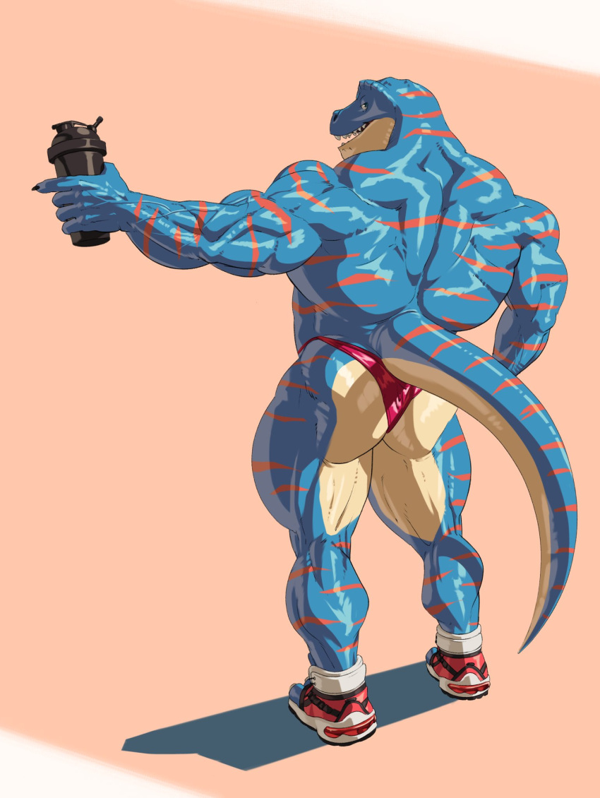 2022 anthro back_muscles barazoku beverage big_butt big_muscles bottle butt claws clothed clothing diesel_(ralarare) dinosaur footwear gesture guzreuef hi_res holding_beverage holding_bottle holding_object huge_butt huge_muscles looking_at_viewer looking_back looking_back_at_viewer male muscular muscular_anthro muscular_male open_mouth open_smile pink_background pointing protein_shake rear_view reptile scalie shadow shoes simple_background smile solo standing teeth theropod thick_thighs thong toeless_footwear toeless_shoes topless topless_anthro topless_male triceps tyrannosaurid tyrannosaurus tyrannosaurus_rex underwear vein