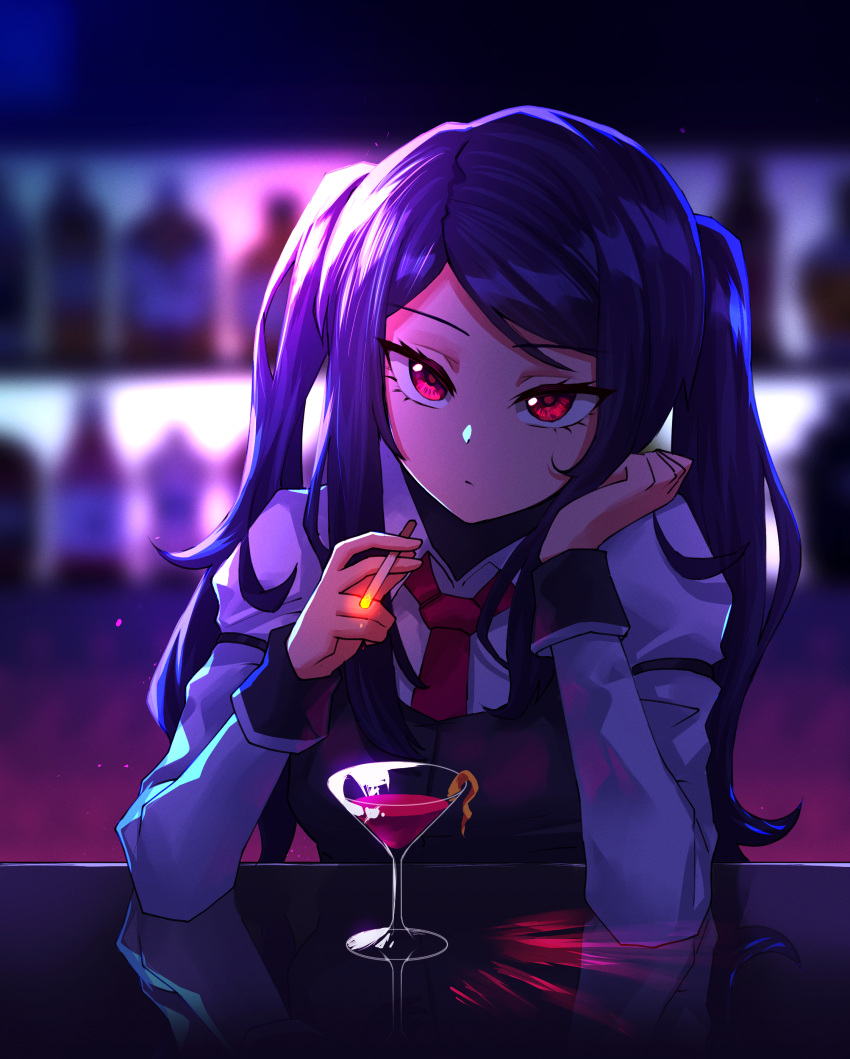 1girl absurdres backlighting bar bartender blurry blurry_background cigarette closed_mouth cocktail_glass collared_shirt commentary_request cup dot_nose drinking_glass eyelashes head_rest highres indoors jill_stingray long_hair looking_at_viewer messy_hair necktie purple_hair red_eyes red_necktie reflective_table shirt smoking solo twintails upper_body va-11_hall-a vest white_shirt wrist_cuffs yumesphere