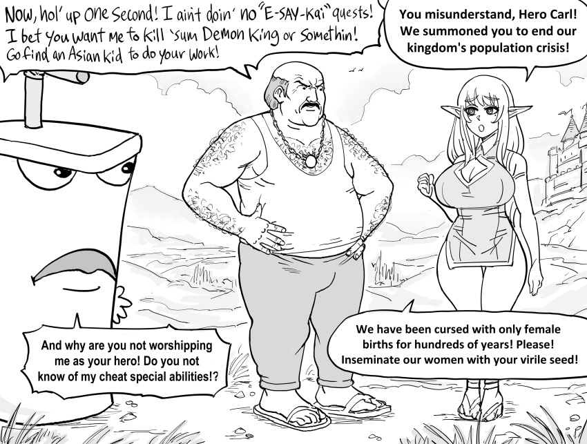 1girl 2boys absurdres aqua_teen_hunger_force balding bb_(baalbuddy) breasts carl_brutananadilewski chain_necklace elf english_commentary english_text greyscale hands_on_hips highres jewelry large_breasts master_shake mole mole_under_eye monochrome multiple_boys necklace pointy_ears revealing_clothes sandals speech_bubble tank_top