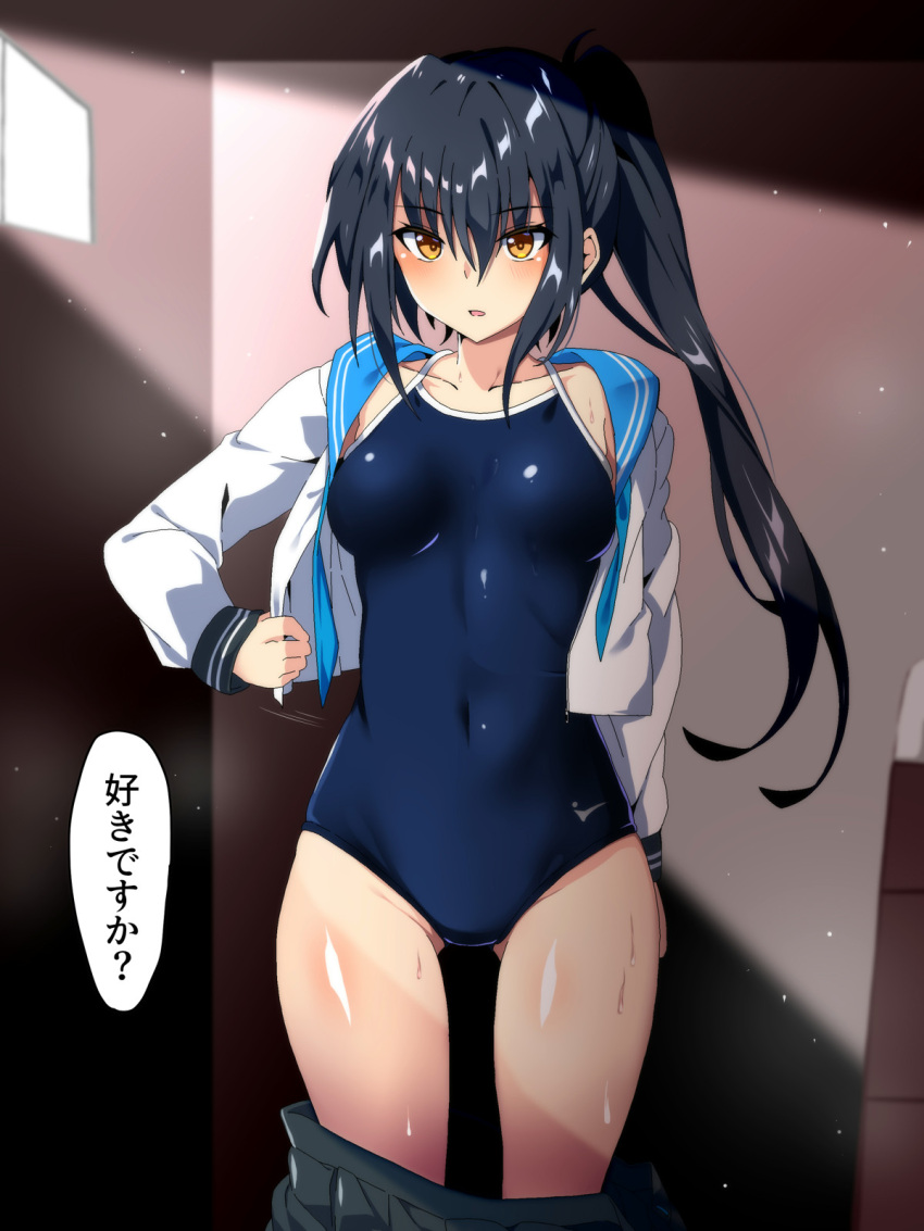 1girl ass_visible_through_thighs black_skirt blue_sailor_collar blue_swimsuit breasts clothes_removed commentary_request competition_school_swimsuit covered_navel highres original sailor_collar sailor_shirt school_swimsuit sebunsu shirt side_ponytail skirt skirt_removed small_breasts solo swimsuit vaulting_horse white_shirt window