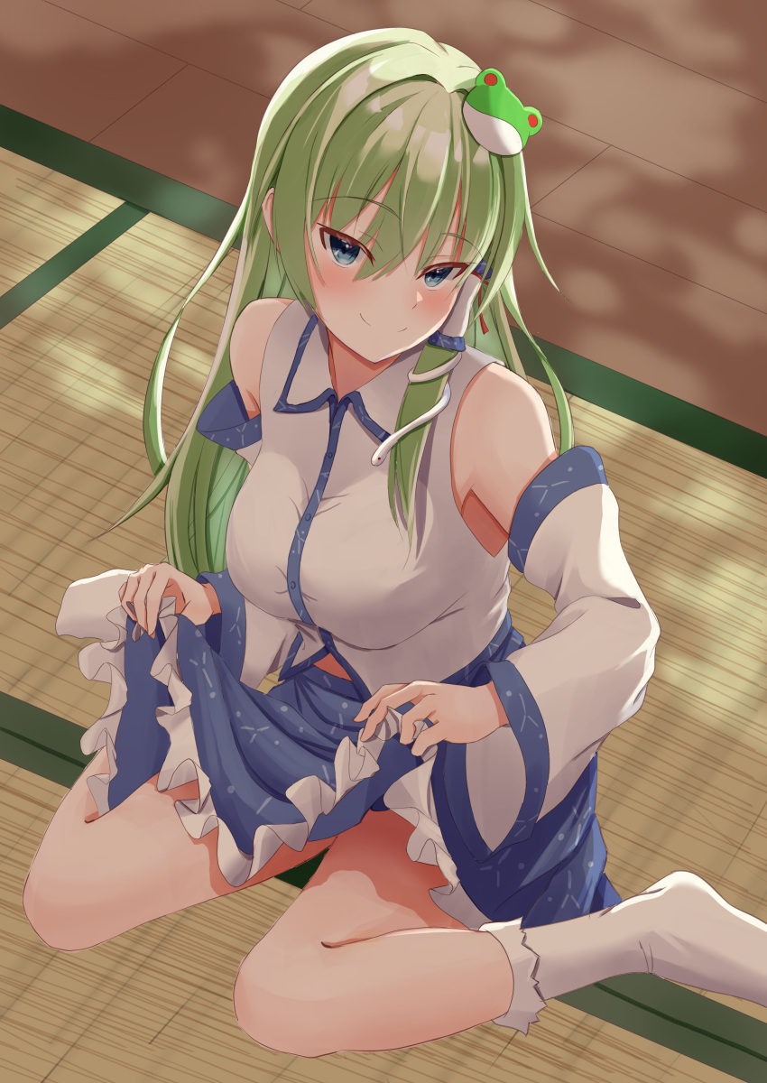 1girl absurdres blue_eyes blue_skirt breasts clothes_lift collared_shirt day detached_sleeves eyebrows_visible_through_hair frilled_legwear frog frog_hair_ornament green_eyes green_hair hair_between_eyes hair_ornament hair_tubes highres kochiya_sanae long_hair long_skirt medium_breasts nontraditional_miko sabakan_kandume shirt single_sidelock sitting skirt skirt_hold skirt_lift sleeveless sleeveless_shirt snake snake_hair_ornament solo tatami thighs touhou wariza white_legwear white_shirt