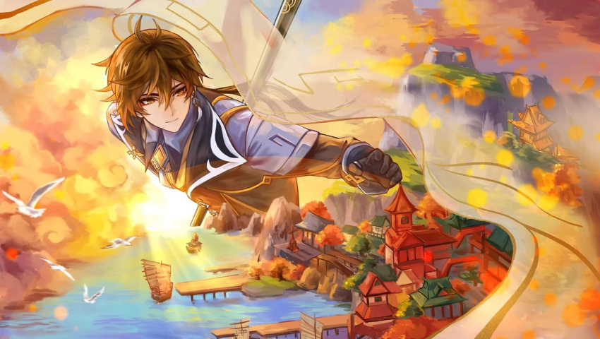 1boy armor bangs bird brown_hair cloud expressionless formal genshin_impact giant giant_male gradient_hair hair_between_eyes highres holding holding_polearm holding_weapon jewelry long_hair male_focus multicolored_hair pauldrons polearm ponytail ring ship shoulder_armor solo sunlight sunset village watercraft weapon yellow_eyes zhongli_(genshin_impact)