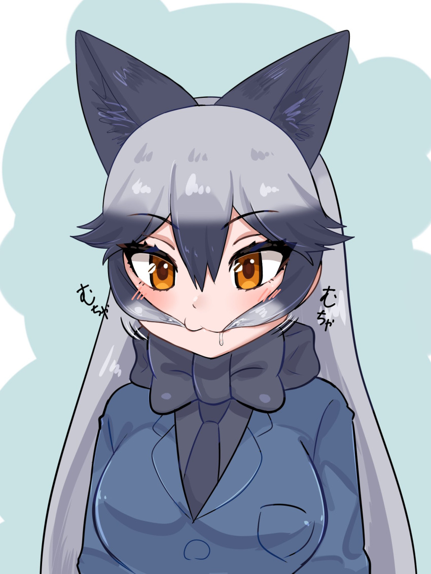 1girl animal_ears aramaru biting_hair black_bow black_bowtie black_fur black_hair black_necktie blue_coat blue_jacket bow bowtie chewing coat eating_hair extra_ears fox_ears fox_girl fox_tail fur_trim grey_hair hair_in_mouth highres jacket kemono_friends kemono_friends_3 multicolored_hair necktie orange_eyes silver_fox_(kemono_friends) solo tail two-tone_hair