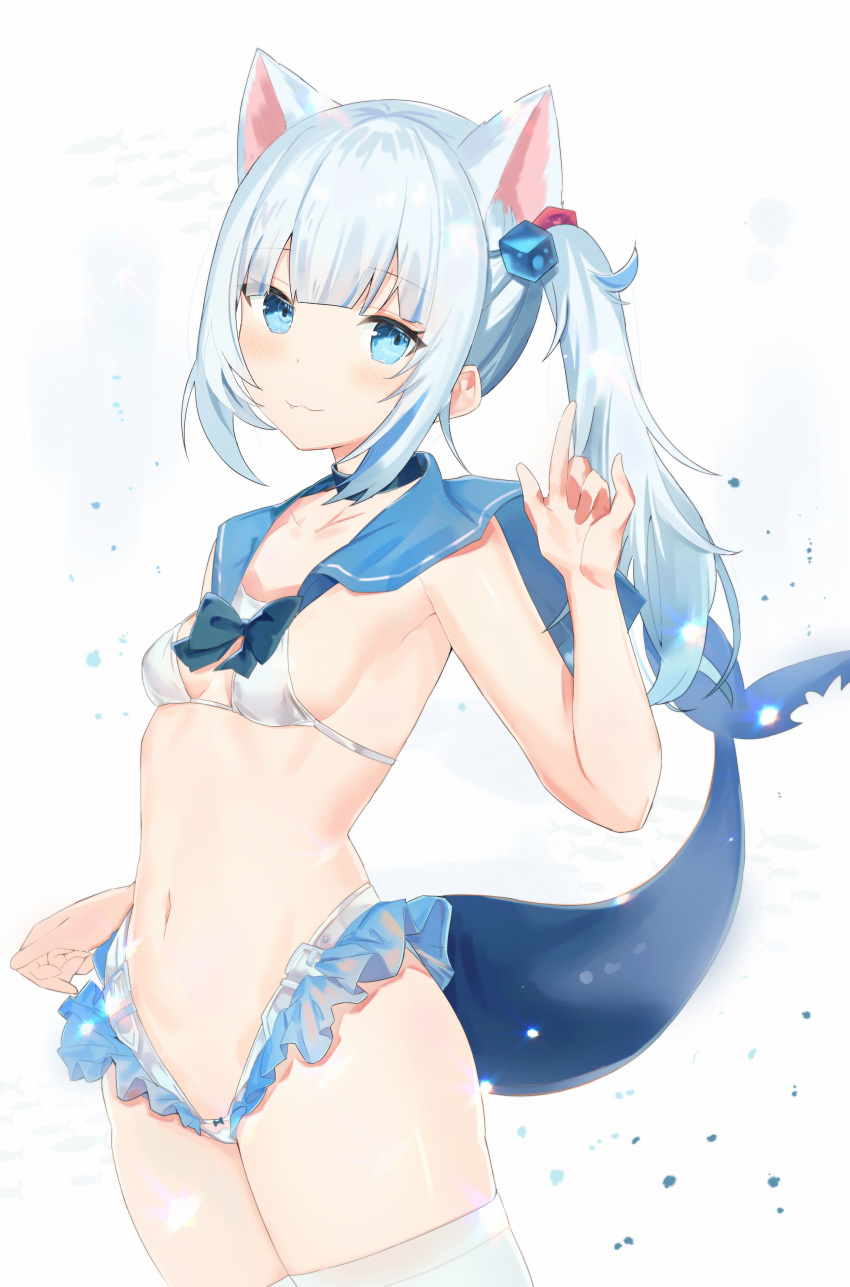 1girl absurdres animal_ears bangs blue_eyes blue_hair blunt_bangs breasts cat_ears dedeko fish_tail gawr_gura highres hololive hololive_english holomyth medium_hair multicolored_hair navel shark_girl shark_tail side_ponytail sideboob small_breasts solo streaked_hair swimsuit tail thighhighs virtual_youtuber white_hair