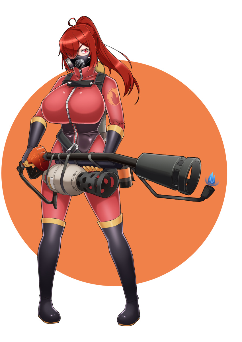 1girl absurdres ahoge bangs black_footwear black_gloves bodysuit boots breasts flamethrower full_body gas_mask genderswap genderswap_(otf) gloves hair_over_one_eye highres holding holding_weapon knee_boots large_breasts long_hair looking_at_viewer mask orange_background ponytail red_bodysuit red_eyes red_hair solo standing team_fortress_2 the_pyro two-tone_background weapon white_background ysui0000