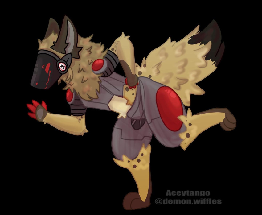 aceytango anthro brown_body digital_media_(artwork) fur hyaenid johmn machine male mammal protogen red_eyes screen screen_face simple_background smile solo spots spotted_hyena