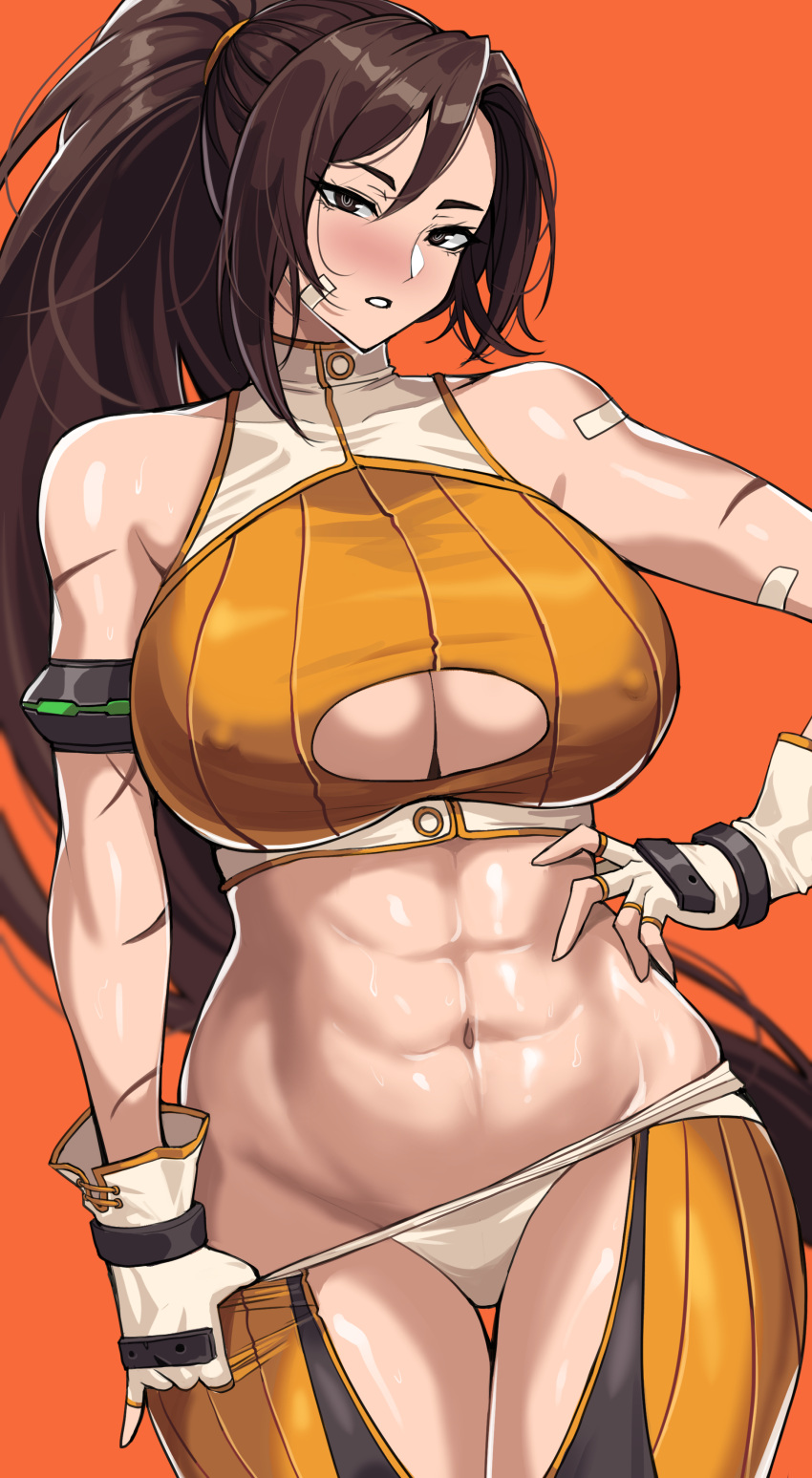 1girl abs absurdres armlet bandaid bandaid_on_cheek bandaid_on_face blush breasts brown_eyes brown_hair dnf_duel dungeon_and_fighter fighter_(dungeon_and_fighter) framed_breasts gloves hairband hella_p highres large_breasts long_hair muscular muscular_female panties pants panty_pull ponytail scar scar_on_arm solo striker_(dungeon_and_fighter) thick_thighs thighs tight tight_pants underwear