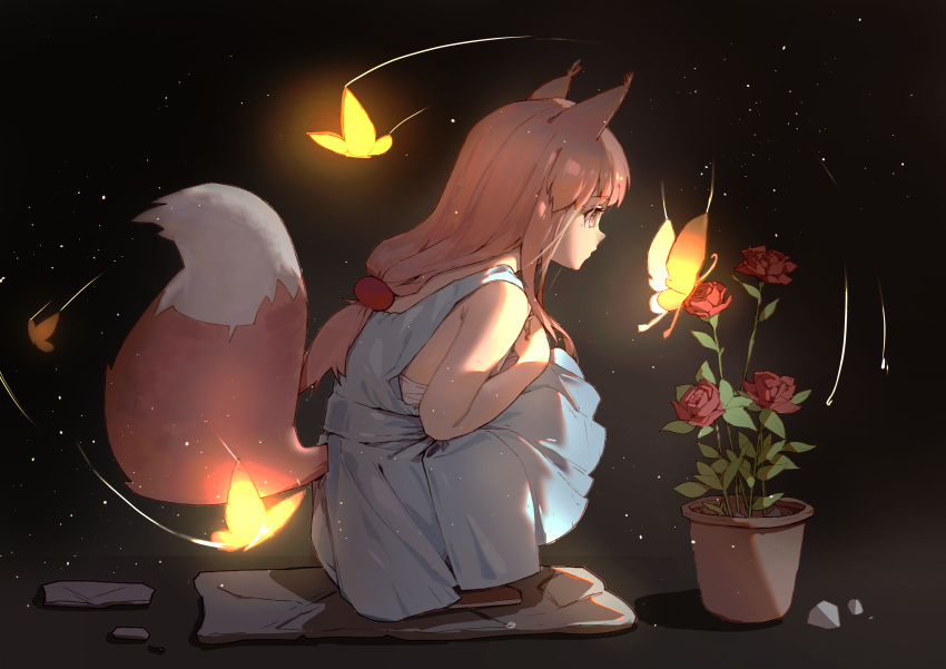 1girl absurdres animal_ears bangs bare_shoulders black_background blue_dress bra bug butterfly commentary_request dress flower fox_ears fox_girl fox_tail from_side full_body glowing_butterfly highres long_hair low-tied_long_hair ningmeng_chamao original plant potted_plant red_flower red_hair red_rose red_tail rose sidelocks solo squatting tail tail_through_clothes underwear watching white_bra