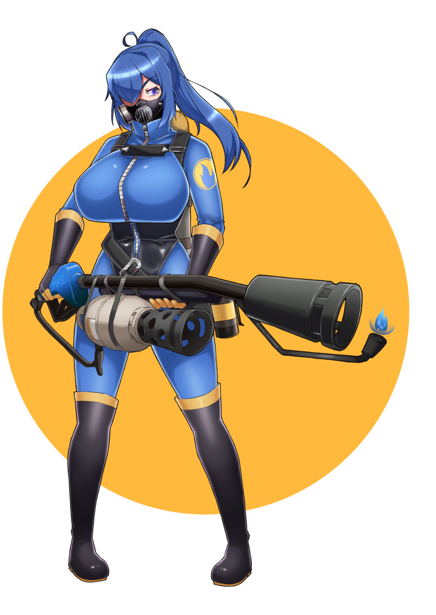 1girl absurdres ahoge bangs black_footwear black_gloves blue_bodysuit blue_eyes blue_hair bodysuit boots breasts flamethrower full_body gas_mask genderswap genderswap_(otf) gloves hair_over_one_eye highres holding holding_weapon knee_boots large_breasts long_hair looking_at_viewer mask ponytail solo standing team_fortress_2 the_pyro two-tone_background weapon white_background yellow_background ysui0000