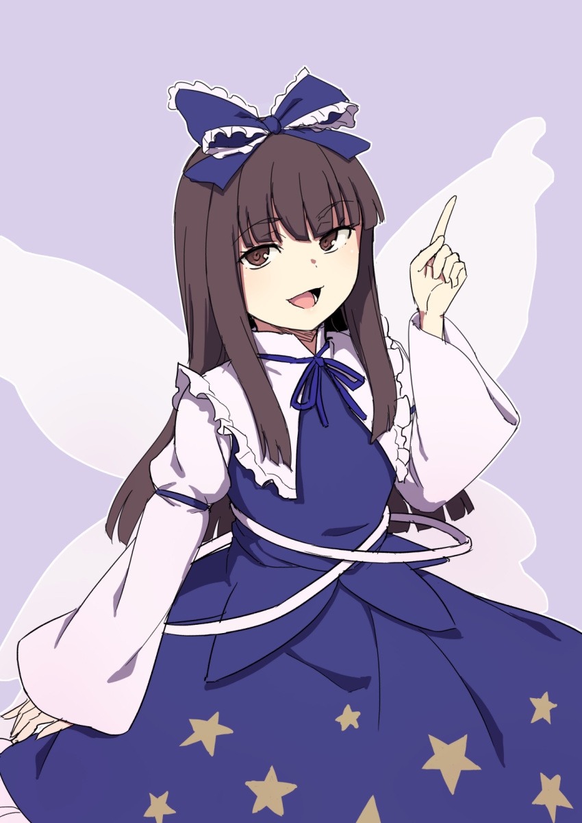 1girl :d bangs black_hair blunt_bangs bow brown_eyes dress eyebrows_visible_through_hair fairy_wings grey_background hair_bow highres index_finger_raised kakone long_hair long_sleeves looking_at_viewer lower_teeth neck_ribbon open_mouth ribbon simple_background smile solo star_(symbol) star_sapphire teeth touhou wings