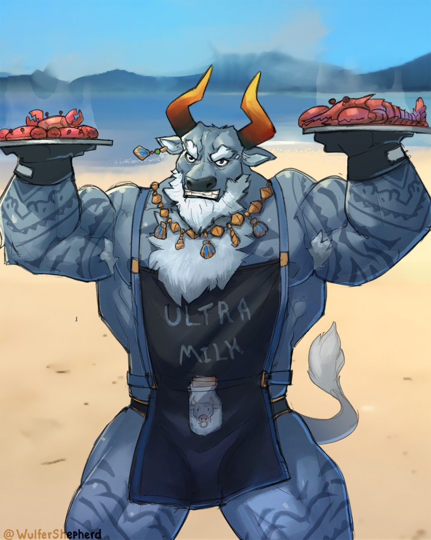 anthro apron arthropod beard bovid bovine cattle clothing crab crustacean decapoda dislyte djoser_(dislyte) ear_piercing ear_ring eyebrows facial_hair hi_res horn jewelry lobster malacostracan male mammal marine muscular muscular_male necklace piercing solo tattoo white_beard white_eyebrows wulfer-shepherd