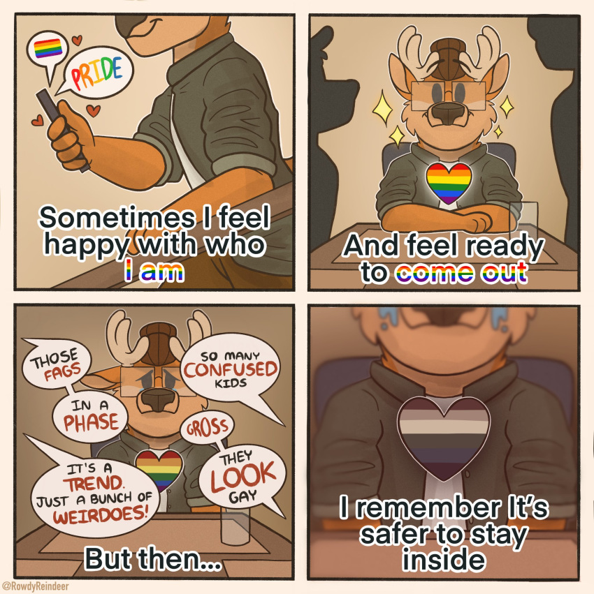&lt;3 2022 anthro antlers bodily_fluids capreoline cellphone cervid chair closeted clothed clothing comic container crying cup dialogue ears_down english_text eyebrows eyewear frown fur furniture glass glass_container glass_cup glasses hair hair_bun happy hi_res homophobia homophobic_slur horn inside lgbt_pride male mammal multiple_scenes narrowed_eyes offscreen_character phone pivoted_ears pride_colors public_service_announcement rainbow_pride_colors reindeer rowdyreindeer sad shadow shirt sitting smartphone smile solo table tears text the_truth topwear tuft