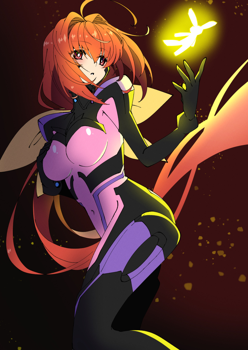 1girl ahoge black_gloves bodysuit bow breasts covered_navel eyebrows_visible_through_hair floating_hair fortified_suit gloves hair_bow hair_intakes highres kagami_sumika kamon_rider long_hair medium_breasts muvluv muvluv_alternative parted_lips pilot_suit pink_bodysuit ponytail red_eyes red_hair solo very_long_hair yellow_bow