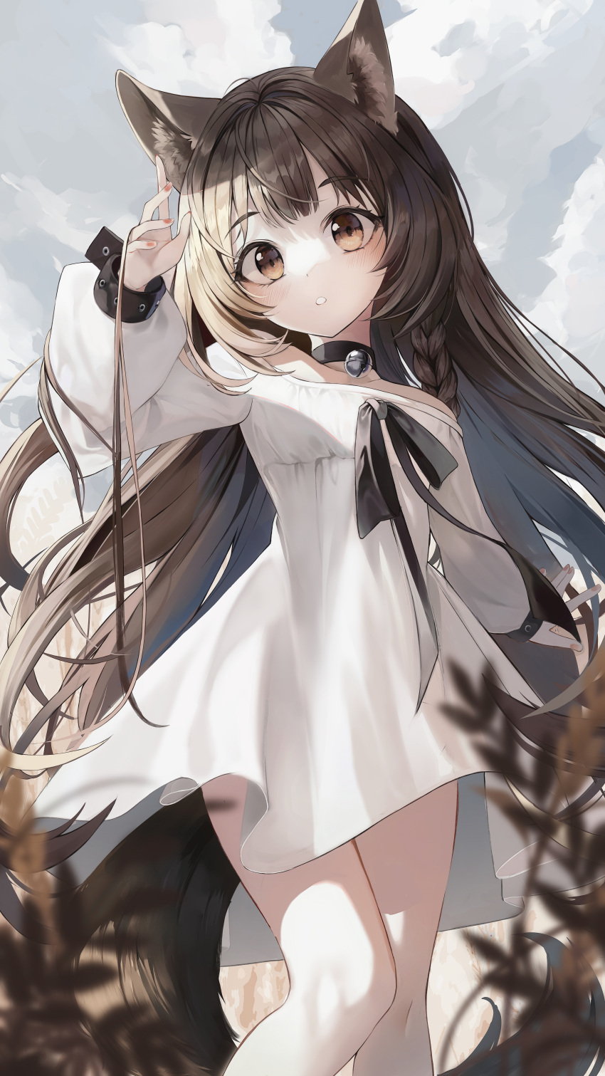 1girl absurdres animal_ear_fluff animal_ears animal_ears_(artist) bell black_choker braid brown_eyes brown_hair character_request choker cloud cloudy_sky copyright_request day dress eyebrows_visible_through_hair grimlight highres jingle_bell long_hair long_sleeves looking_at_viewer outdoors parted_lips puffy_long_sleeves puffy_sleeves side_braid single_braid sky solo tail very_long_hair white_dress
