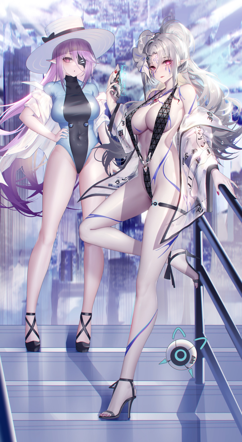 2girls absurdres against_railing bare_legs bare_shoulders bikini breasts building city drone eyepatch grey_hair groin hand_on_hip hat high_heels highres holographic_interface jacket large_breasts multiple_girls off_shoulder one-piece_swimsuit original outdoors pointy_ears ponytail purple_eyes railing red_eyes rib_(rib_delesetong) sky slingshot_swimsuit stairs swimsuit swimsuit_under_clothes thigh_strap thighs