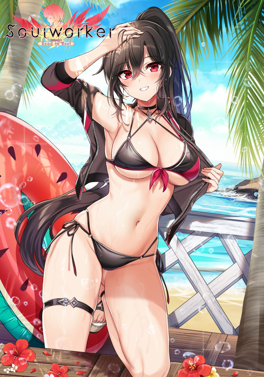 1girl absurdres arm_up armpits bare_shoulders bikini black_bikini black_hair black_jacket front-tie_bikini front-tie_top grin highres iris_yuma jacket long_hair looking_at_viewer maett off_shoulder open_clothes open_jacket ponytail red_eyes side-tie_bikini smile solo soul_worker string_bikini swimsuit very_long_hair wet