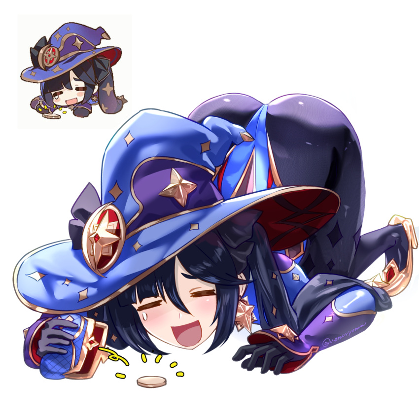 1girl all_fours ass bangs black_gloves black_hair black_legwear blue_cape blue_headwear blue_leotard bodystocking breasts cape chibi closed_eyes coin coin_purse detached_sleeves earrings elbow_gloves genshin_impact gloves gold_trim hat hat_ornament high_heels highres jewelry leotard long_hair medium_breasts mona_(genshin_impact) mora_(genshin_impact) open_mouth pantyhose smile star_(symbol) star_earrings thighlet thighs twintails uenoryoma witch_hat