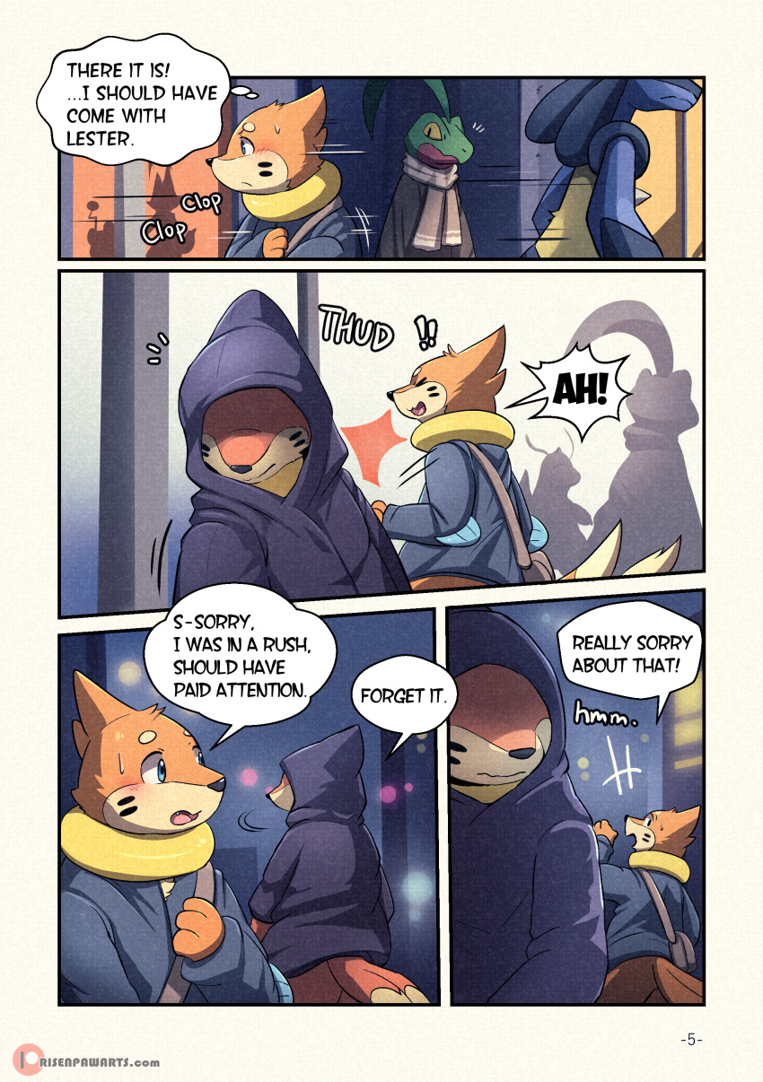 absurd_res blue_eyes blush bodily_fluids buizel city clothing comic detailed_background duo earthbound_(series) english_text fin floatzel fluffy grovyle hi_res hoodie lester_(risenpaw) lucario ness_(risenpaw) nintendo orange_body phone pok&eacute;mon pok&eacute;mon_(species) risenpaw scarf smile sweat text topwear video_games