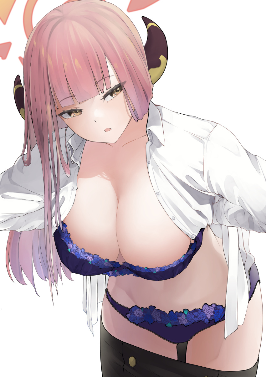1girl absurdres aru_(blue_archive) bangs blue_archive blue_bra blue_panties blunt_bangs bra breasts brown_eyes cleavage collarbone highres horns kakimoto_nao large_breasts lingerie long_hair open_clothes open_shirt panties pink_hair shirt simple_background solo underwear white_background white_shirt