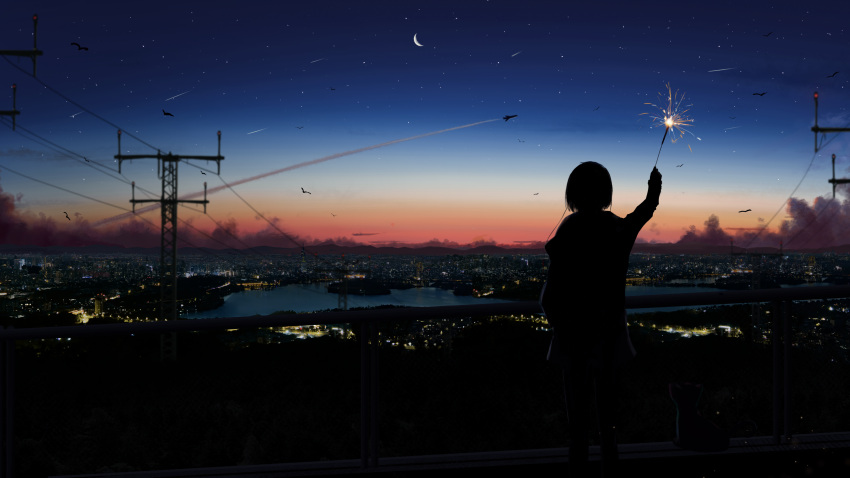 1girl absurdres aircraft building chinese_commentary city city_below city_lights cityscape cloud contrail crescent_moon evening fireworks from_behind highres holding holding_fireworks horizon jacket lake moon mountainous_horizon original power_lines railing scenery short_hair silhouette sky skyscraper solo sparkler standing star_(sky) starry_sky utility_pole yu_jing