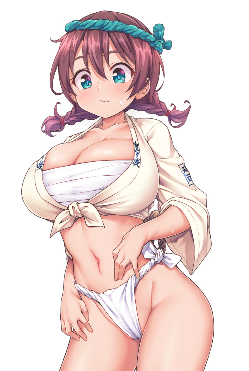 1girl blue_eyes braid breasts cleavage emma_verde fundoshi highres japanese_clothes kanabun large_breasts love_live! love_live!_nijigasaki_high_school_idol_club navel red_hair short_hair simple_background solo twin_braids white_background