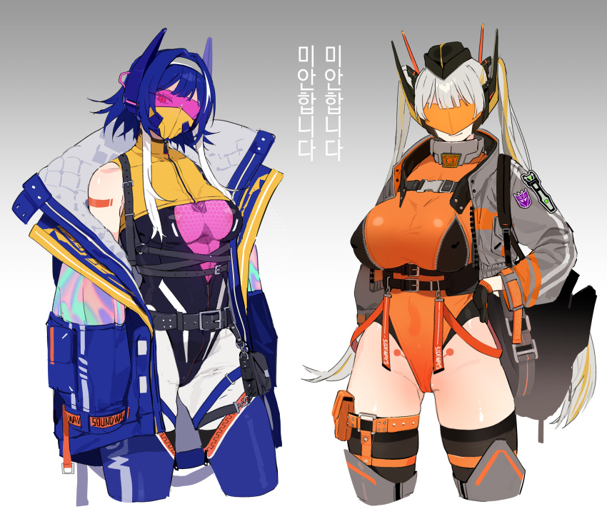 2girls absurdres backpack bag bechu belt black_belt black_gloves black_legwear blue_jacket breasts decepticon genderswap genderswap_(mtf) gloves grey_jacket hair_intakes hand_on_hip head_tilt highres humanization jacket korean_commentary large_breasts leotard looking_at_viewer medium_breasts multiple_girls orange_leotard red_eyes sideways_(transformers) smile soundwave_(transformers) thigh_strap thighhighs transformers transformers_cybertron twintails