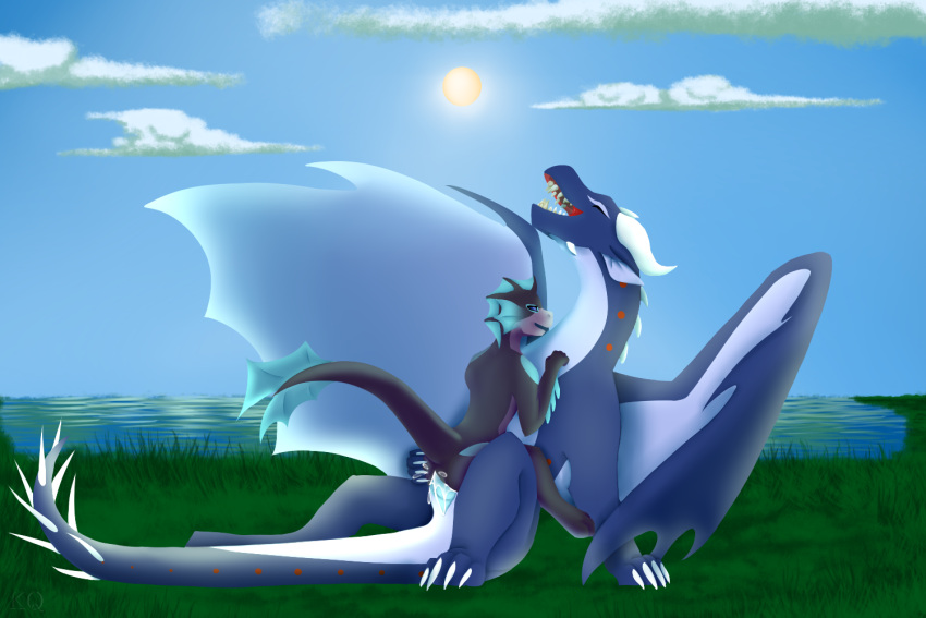 bodily_fluids cum dragon duo female feral frostflower_(kink) genital_fluids icewing_(wof) king_quince kobold male male/female rainwing_(wof) size_difference wings_of_fire